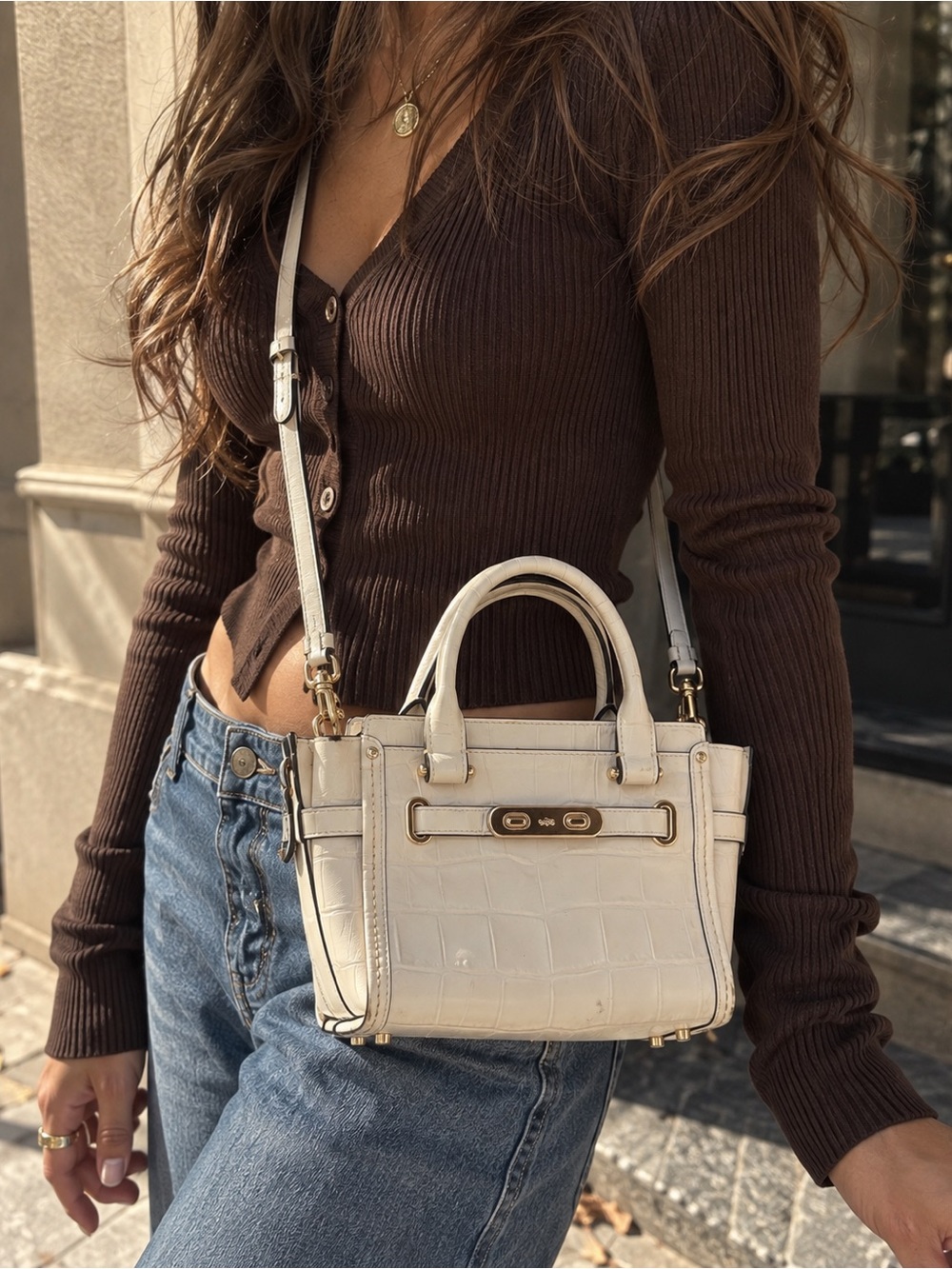 Coach Swagger 21 White Croc Chalk Embossed Leather Crossbody Satchel Gold